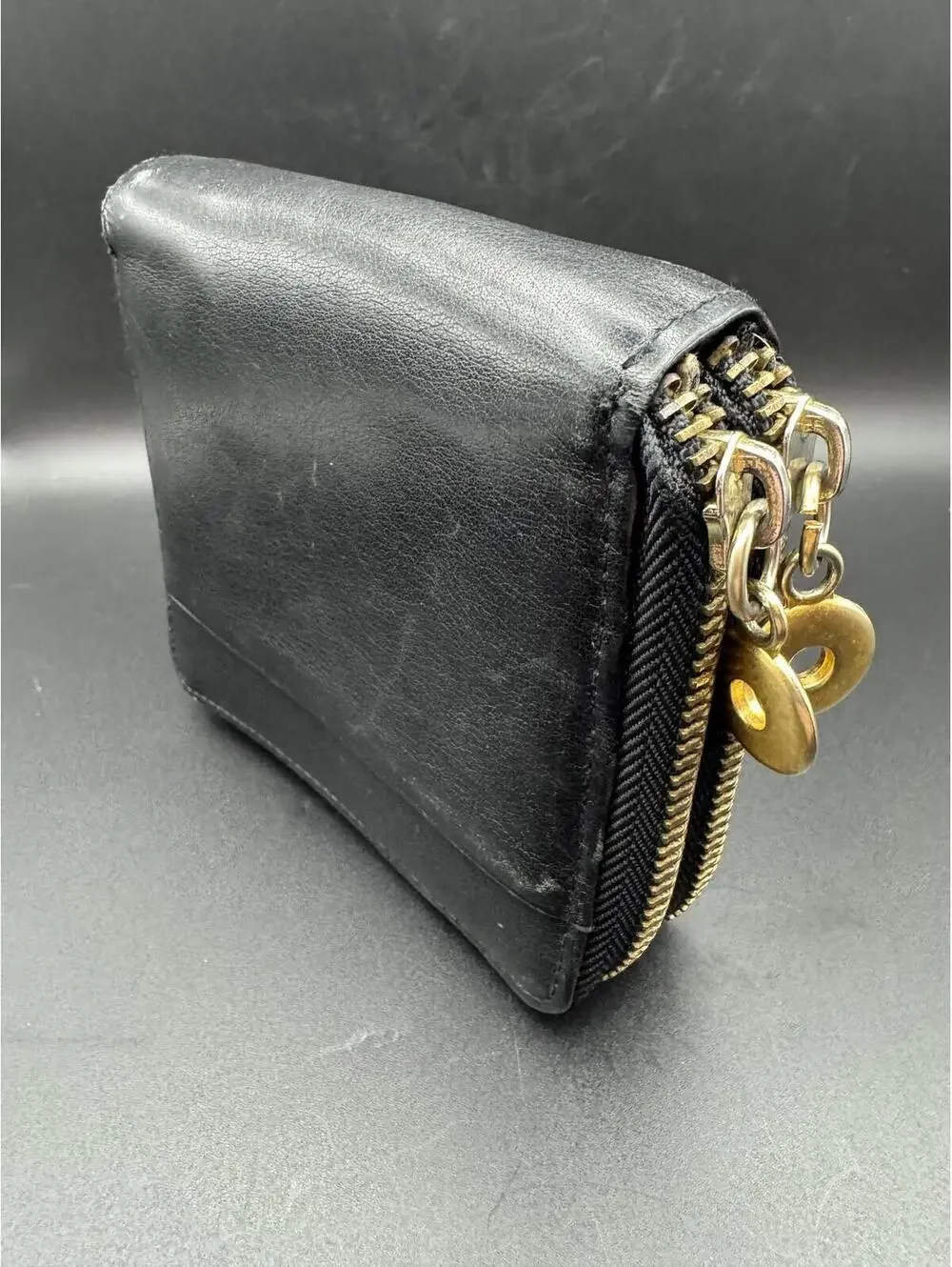 Black Leather Double Zip-Around Compact Wallet Gold Hardware